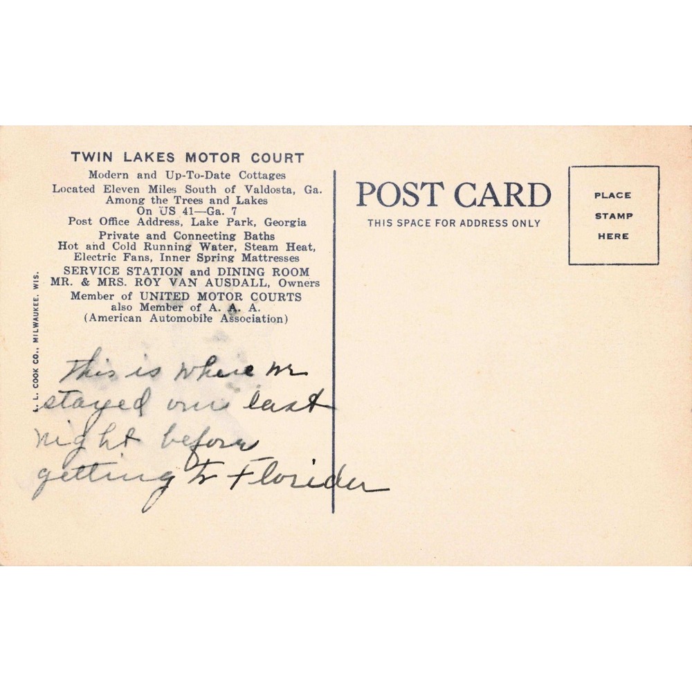 Vintage Twin Lakes Motor Court Postcard Lake Park Georgia Valdosta Linen VG - Picture 2 of 2